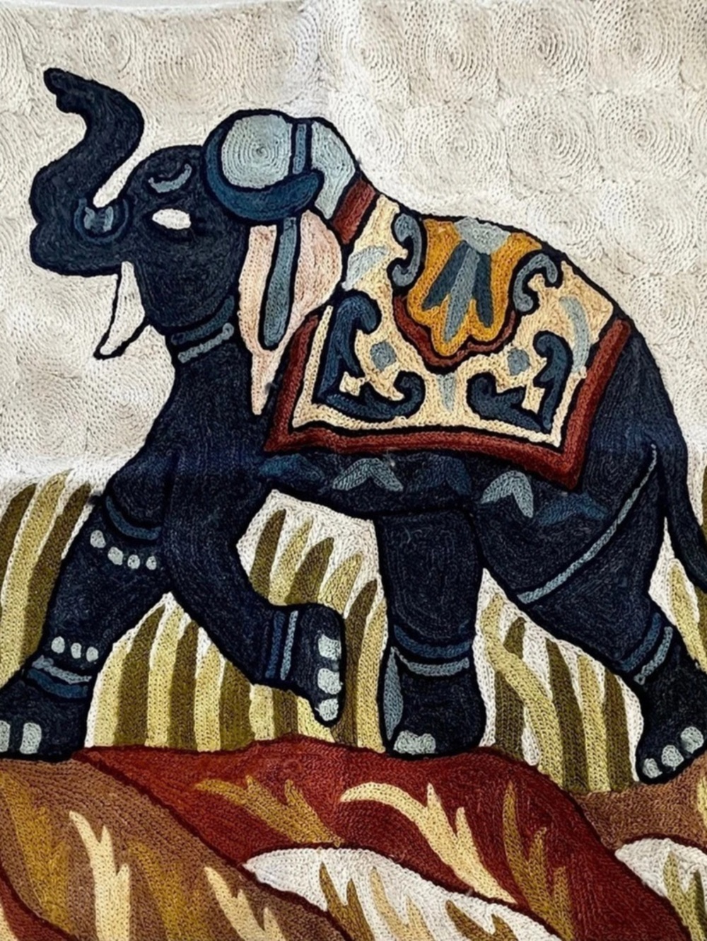 Vintage Kashmiri India Crewel Stitch Elephant Pillow Case Cover Embroidered